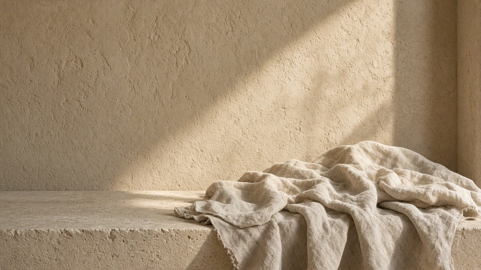 Un tissu de lin souple drapé sur un banc de pierre tiède, baigné par la lumière dorée de l’après-midi devant un mur enduit