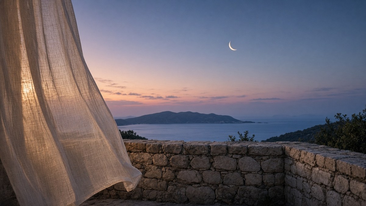Un croissant de lune au-dessus de la mer au crépuscule, aperçu depuis une terrasse en pierre où des rideaux de lin ondulent dans la brise