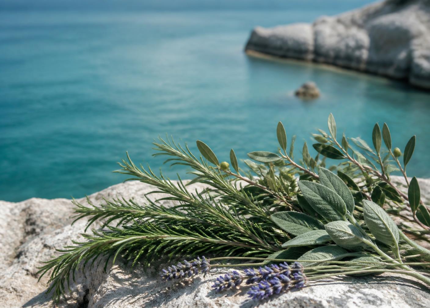Croatian botanicals — rosemary, sage, lavender and olive — on sun-bleached limestone above the Adriatic