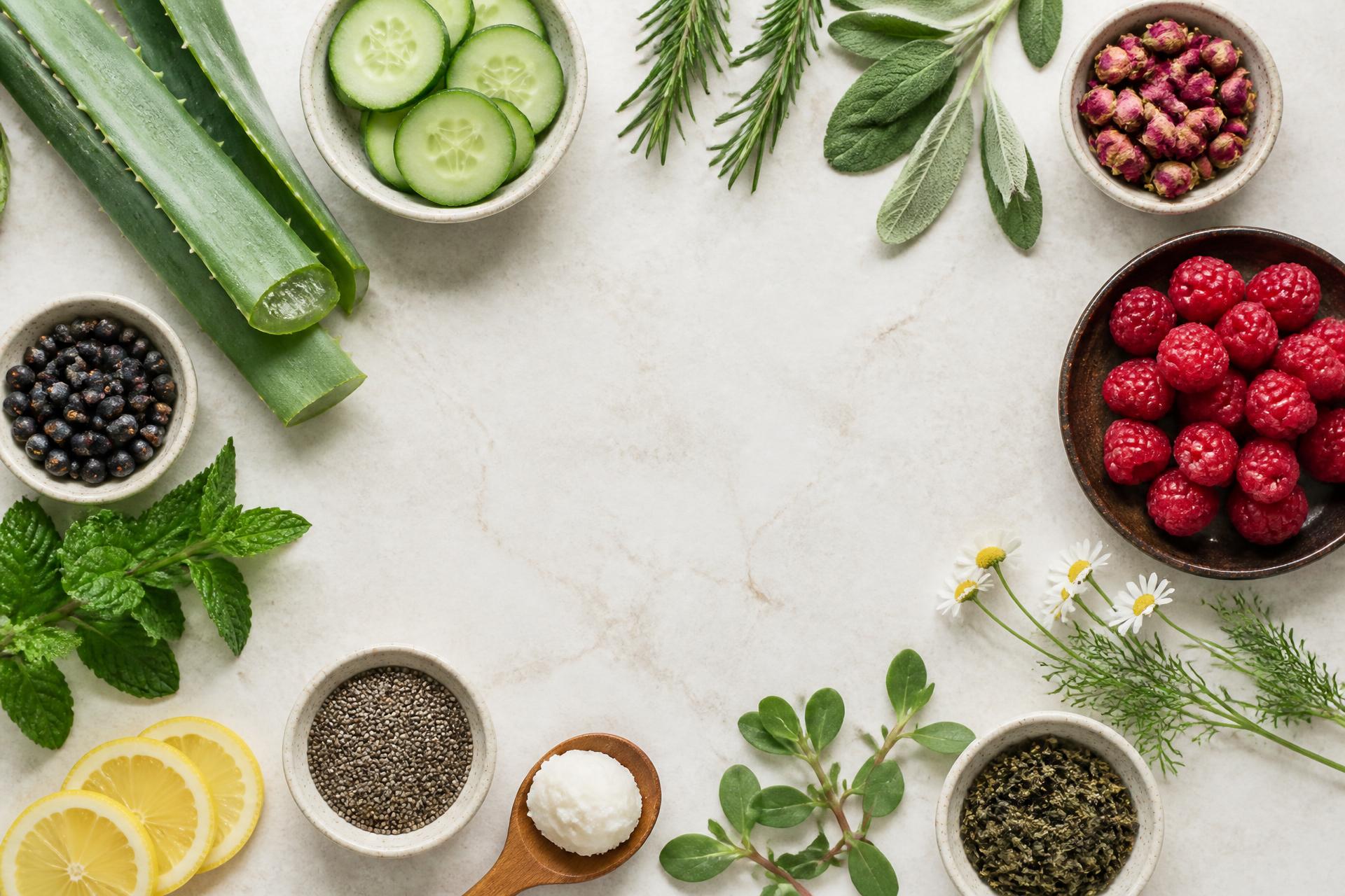 Fresh Matinata botanical ingredients — aloe, cucumber, rosemary, sage, mint, juniper berries, rose buds, raspberries, chamomile and lemon on a bright stone surface