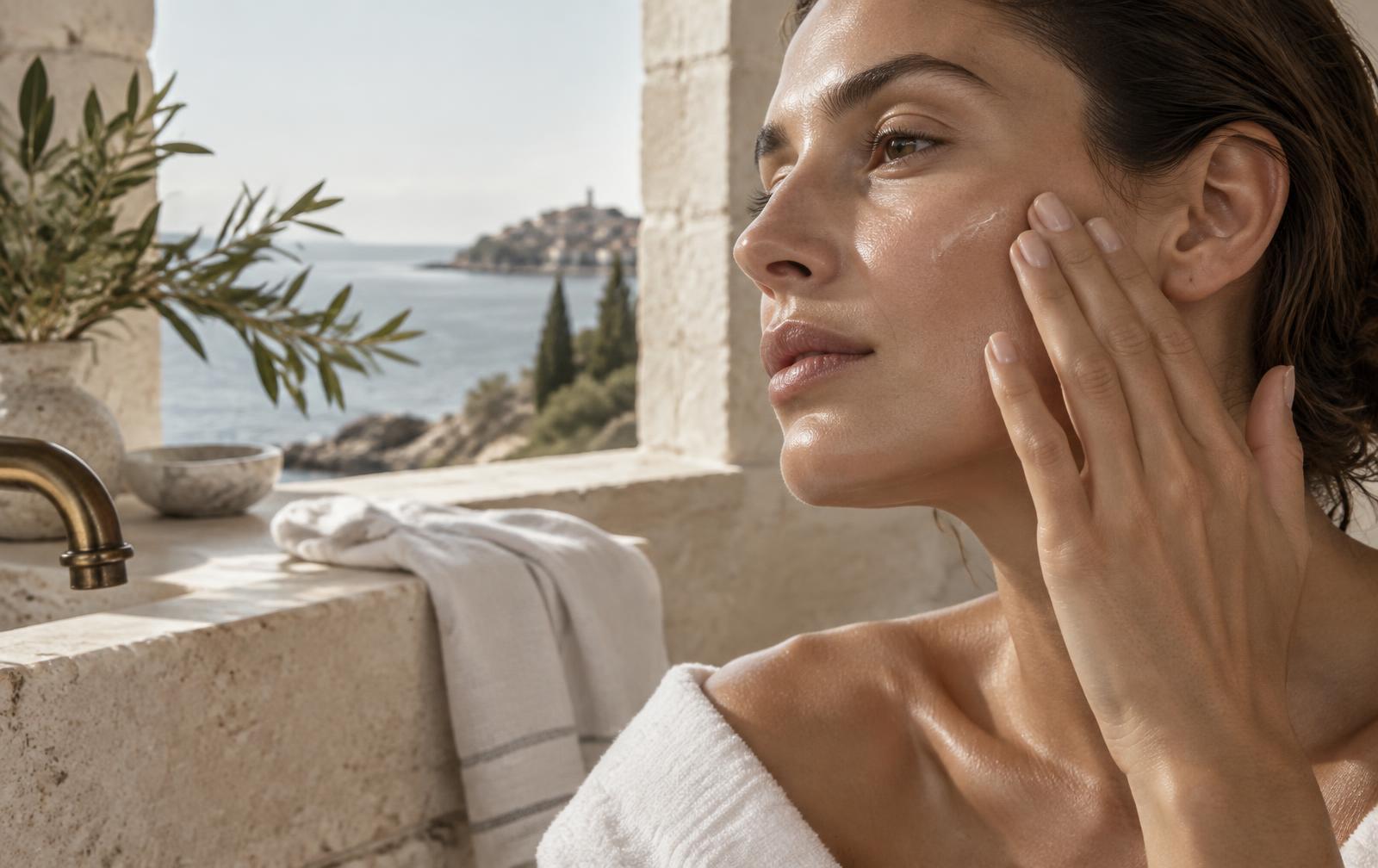 Woman applying skincare during a sunlit morning ritual by the Adriatic coast