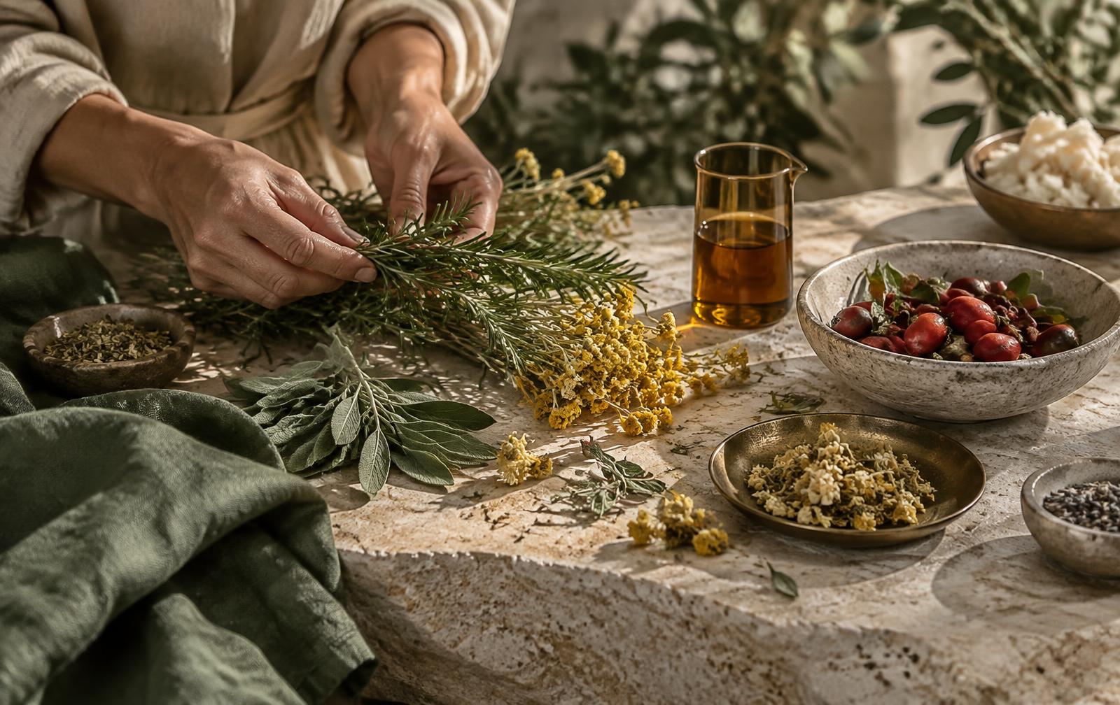 Artisan hands sorting Croatian botanicals beside botanical oil on pale limestone