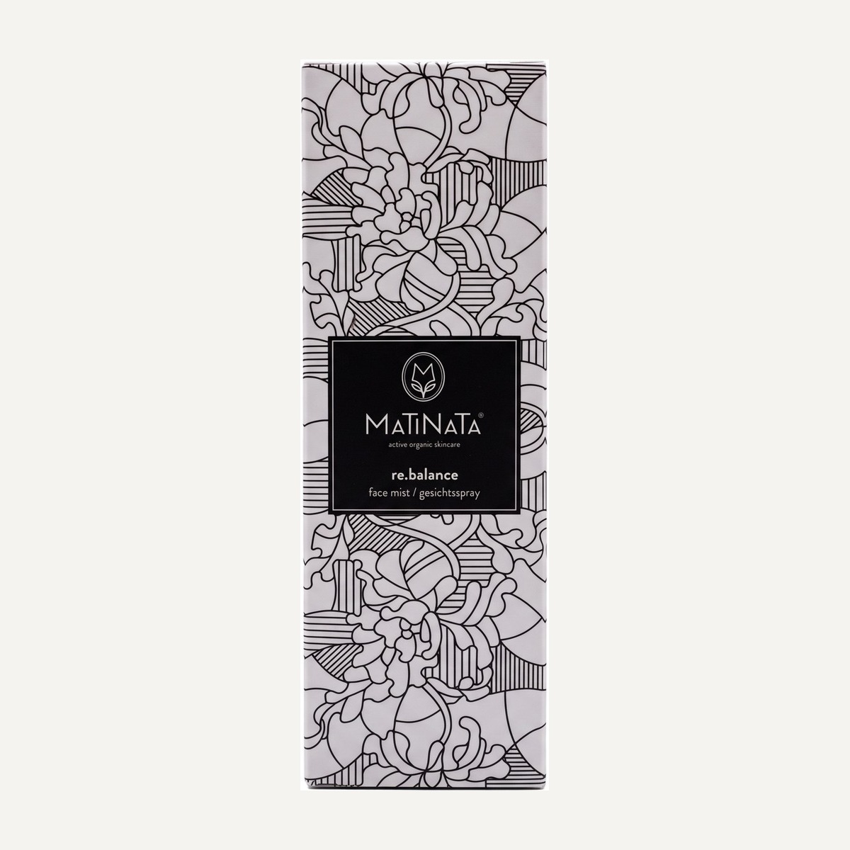 Matinata re.balance carton — cream box with black botanical line art