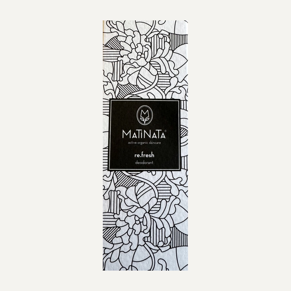 Matinata re.fresh carton — cream box with black botanical line art
