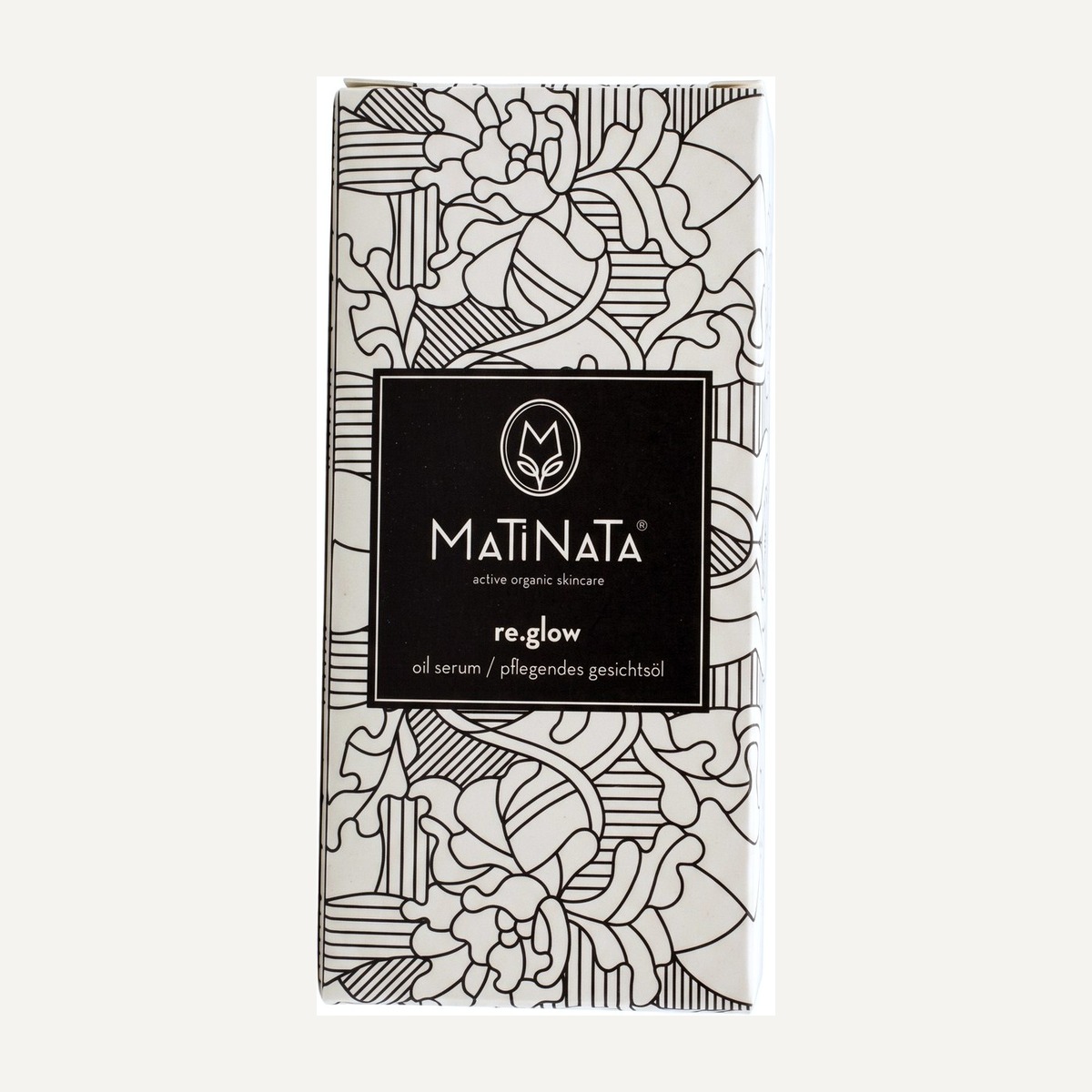 Matinata re.glow carton — cream box with black botanical line art
