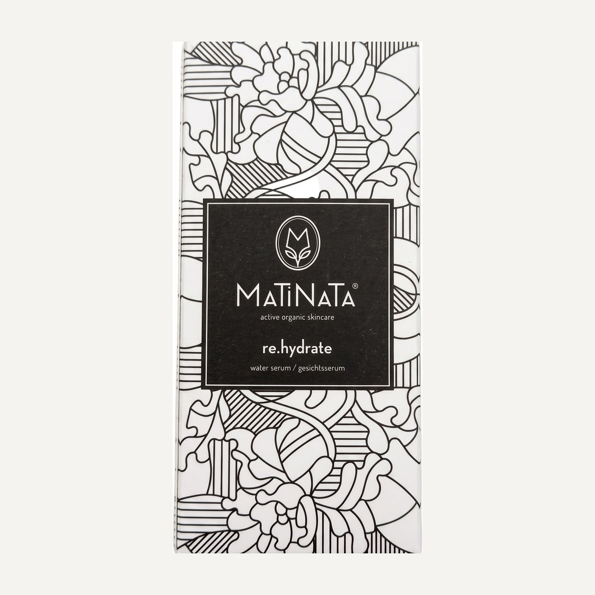 Matinata re.hydrate carton — cream box with black botanical line art