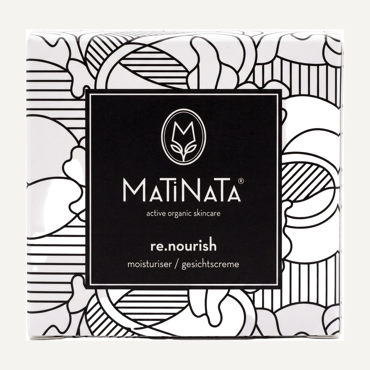 Matinata re.nourish carton — cream box with black botanical line art