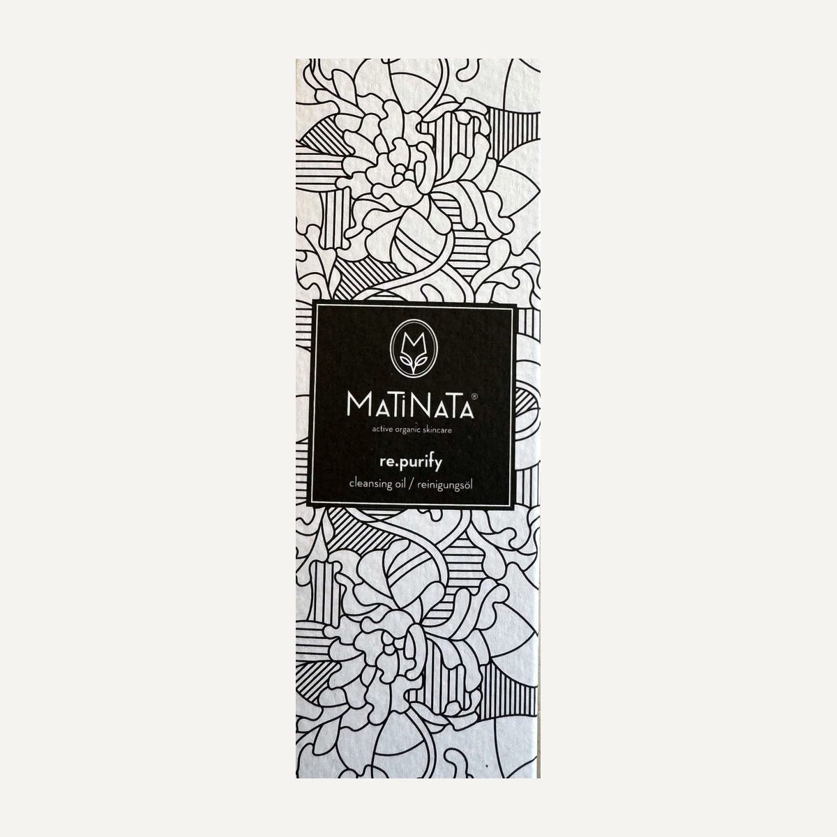 Matinata re.purify carton — cream box with black botanical line art