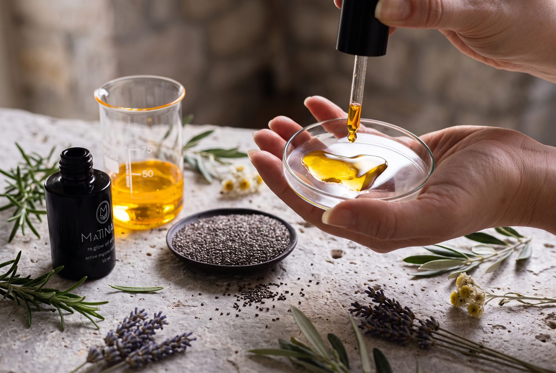 Hands dosing golden re.glow oil serum into a glass dish beside chia seeds, a beaker of botanical oil and the re.glow bottle on white marble