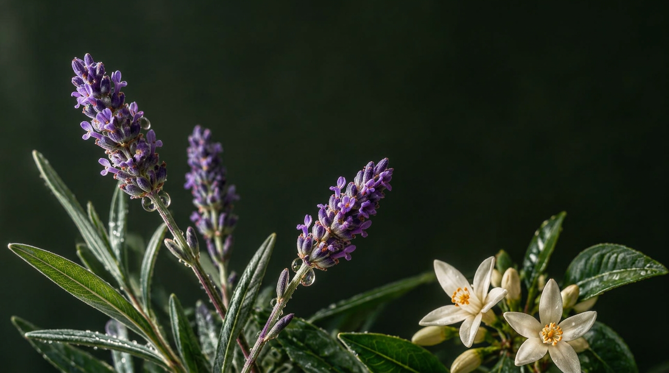 Close-up of dew-fresh lavender stems with a small cluster of white neroli blossoms in soft natural shadow