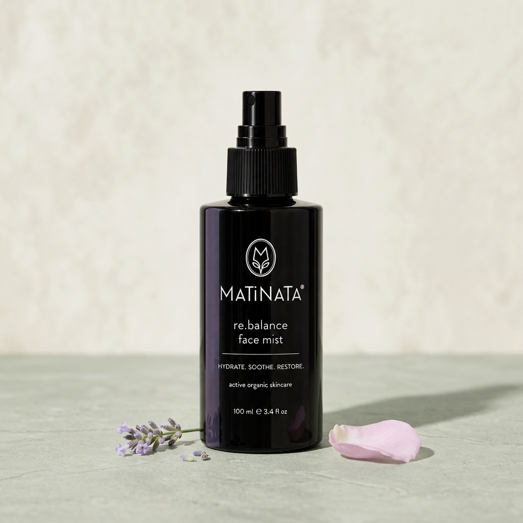 Matinata re.balance face mist in violet glass on cool limestone