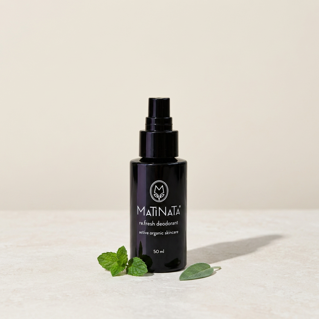 Matinata re.fresh deodorant in violet glass on cool limestone