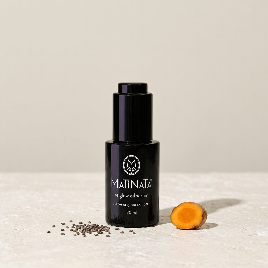 Matinata re.glow oil serum in violet glass on cool limestone