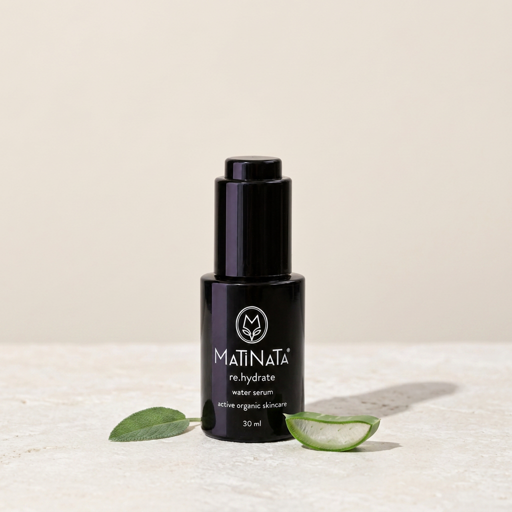 Matinata re.hydrate water serum in violet glass on cool limestone
