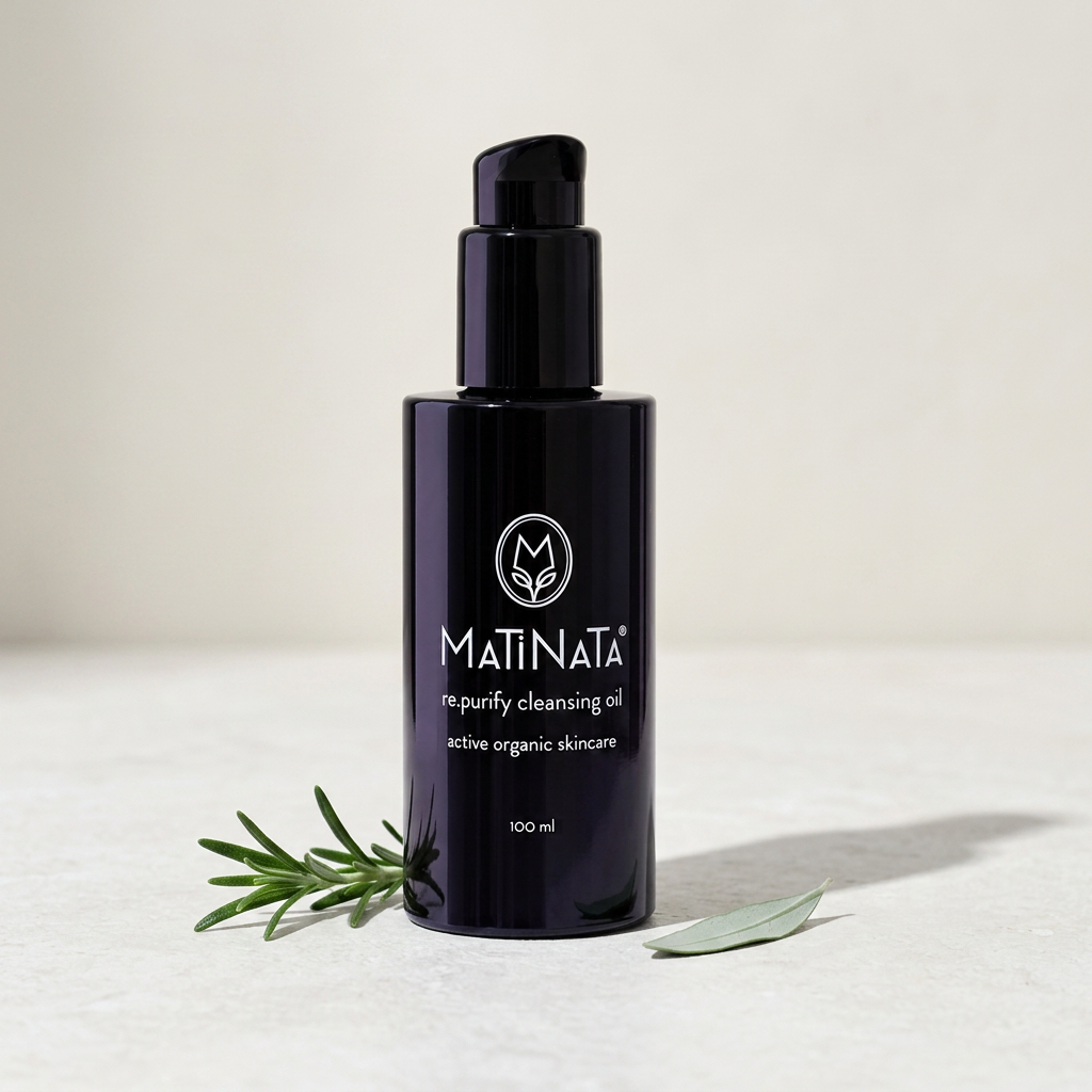 Matinata re.purify cleansing oil in violet glass on cool limestone