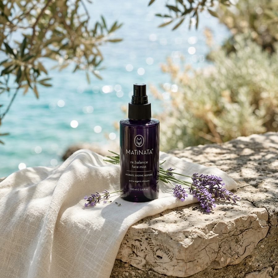 Matinata re.balance face mist on a Croatian limestone ledge by the Adriatic