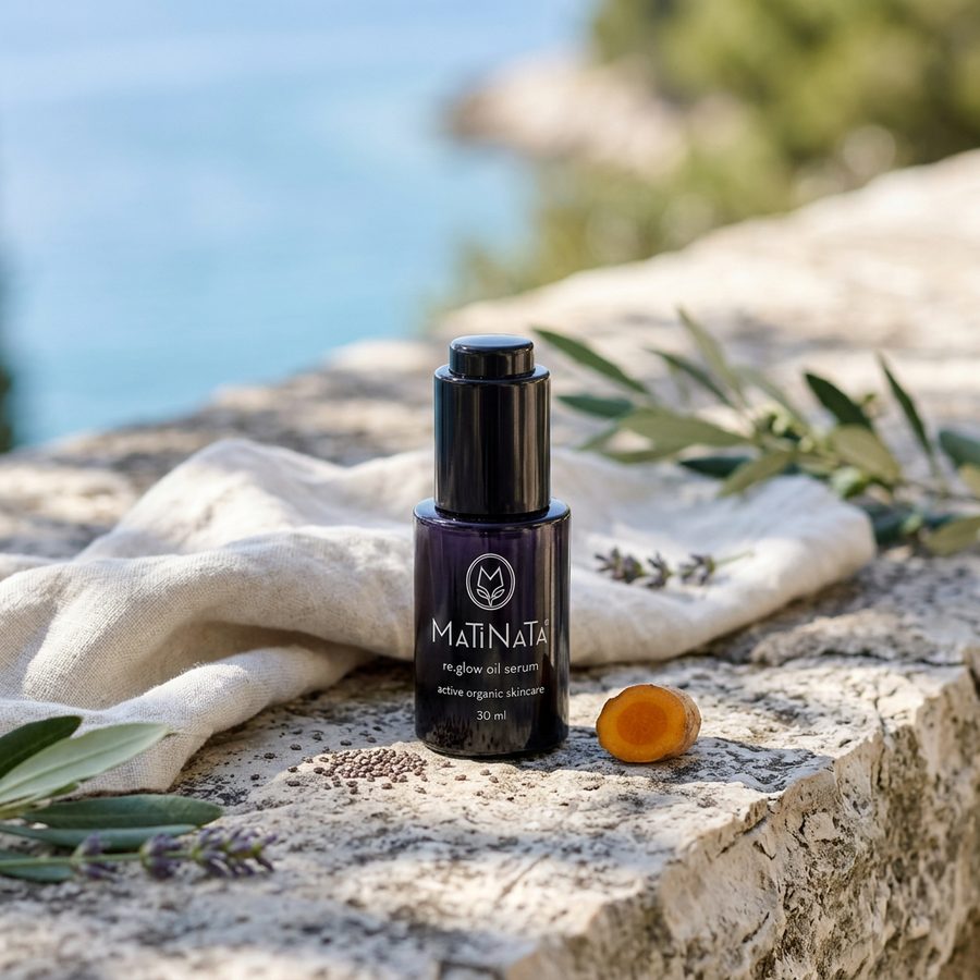 Matinata re.glow oil serum on a Croatian limestone ledge with olive branches