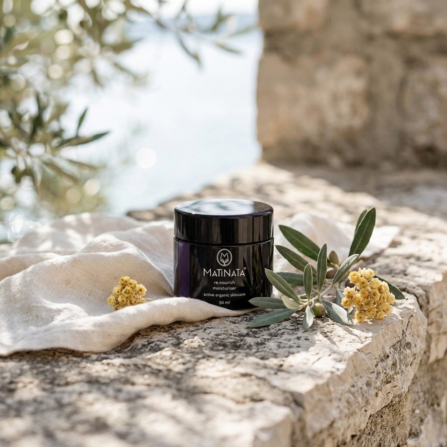 Matinata re.nourish moisturiser on a Croatian limestone ledge with olive branches