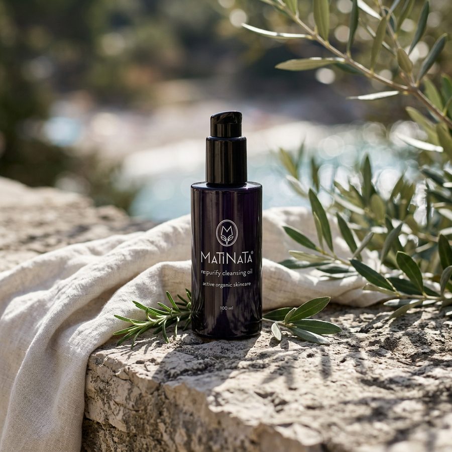 Matinata re.purify cleansing oil on a Croatian limestone ledge with olive branches