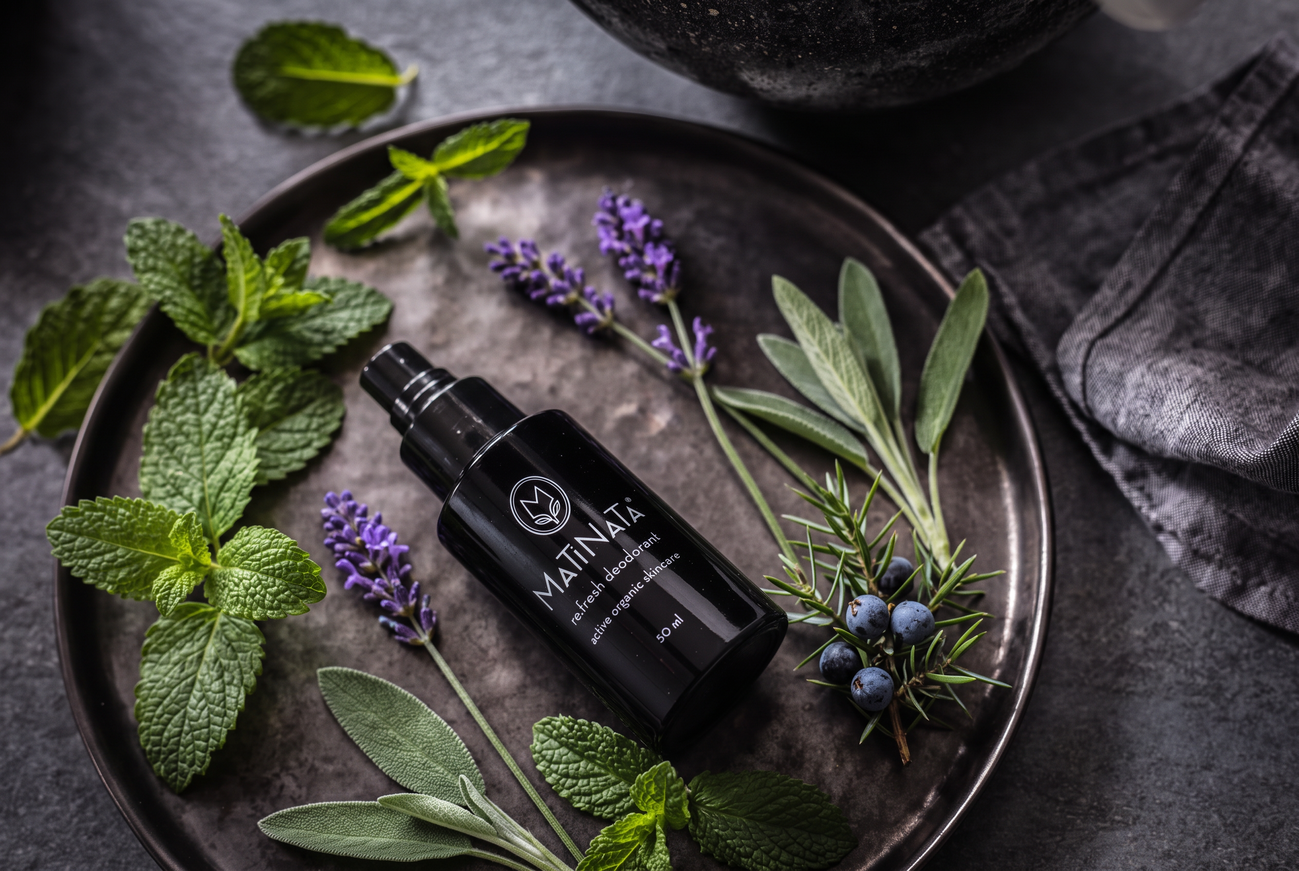 Matinata re.fresh deodorant on a dark ceramic plate with fresh mint, lavender, sage and juniper