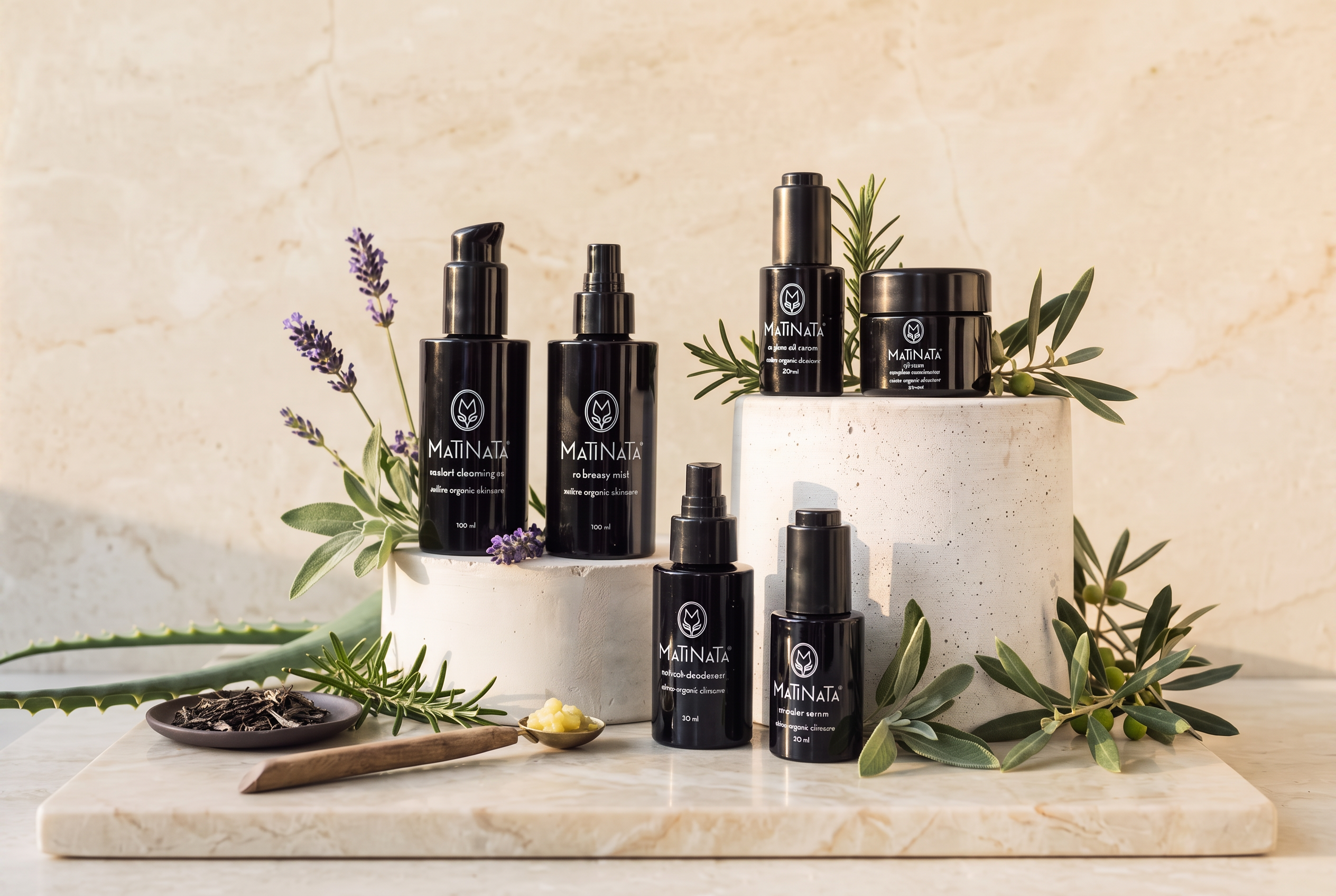 The Matinata collection of violet glass formulas on stone plinths with aloe and botanical leaves