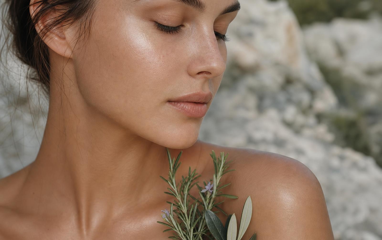 Close-up of healthy glowing skin with rosemary and olive leaf on sun-bleached limestone