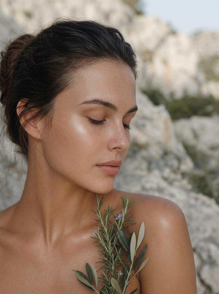 Close-up of healthy glowing skin with rosemary and olive leaf on sun-bleached limestone