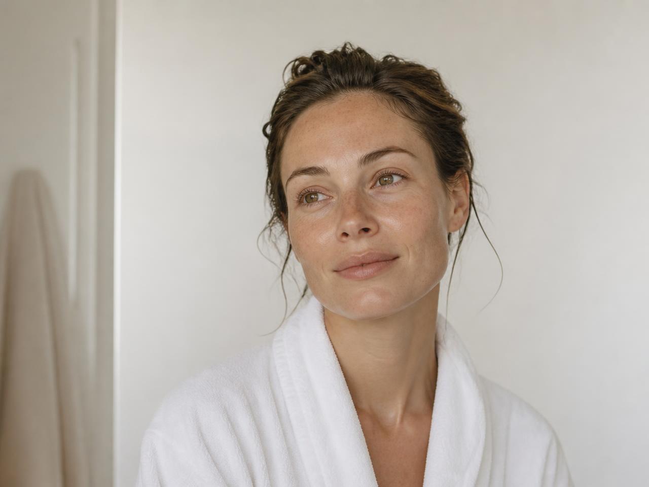 Woman in her thirties in a white bathrobe, fresh from the shower, with dewy natural skin in soft morning light