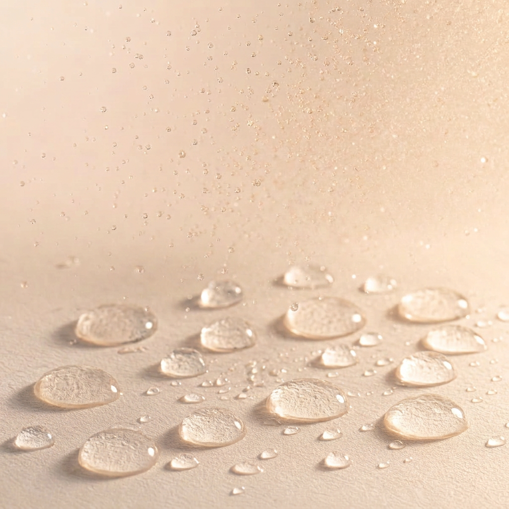 Matinata re.balance texture — fine hydrosol mist and fresh droplets on soft white