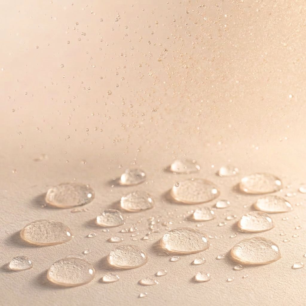 Matinata re.balance texture — fine hydrosol mist and fresh droplets on soft white