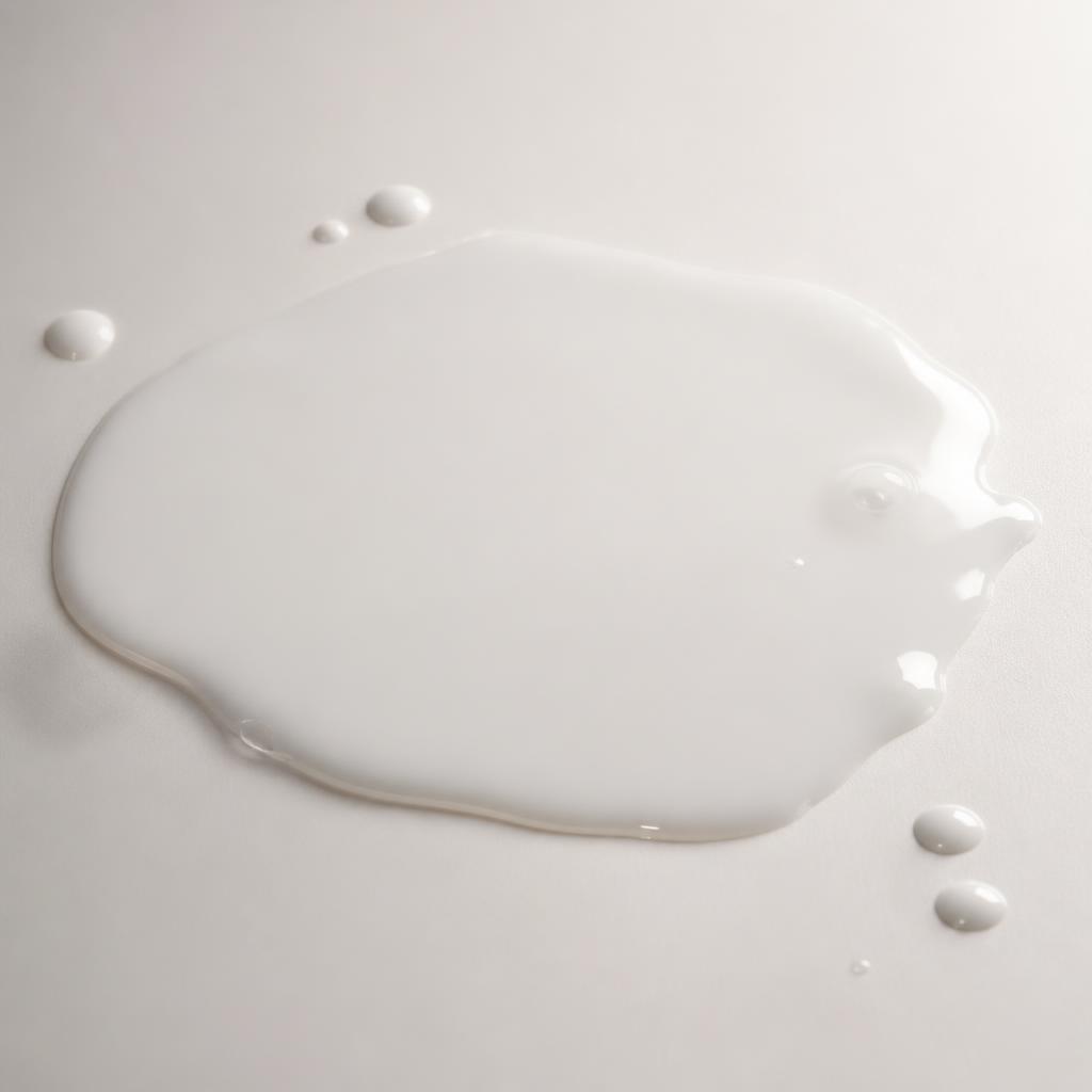 Matinata re.fresh texture — fluid milky emulsion and droplets on soft white