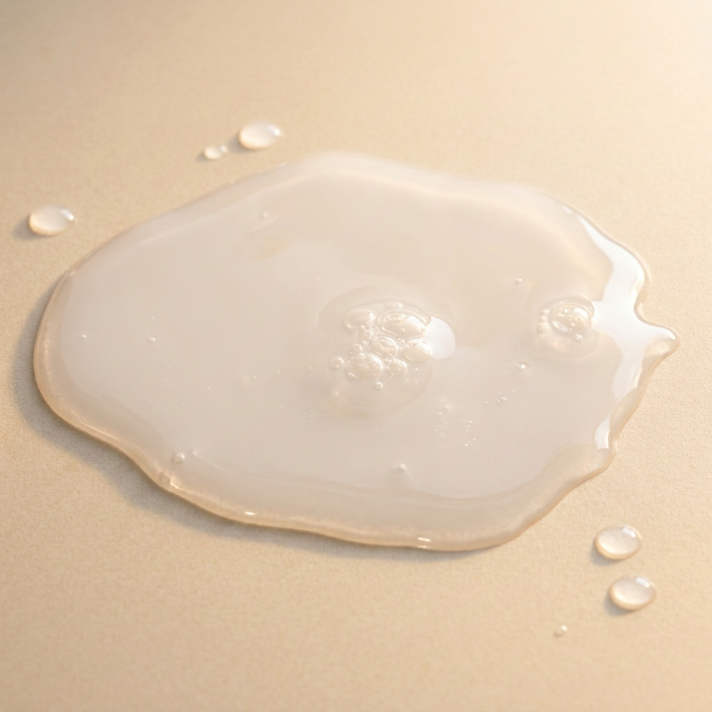 Matinata re.fresh texture — fluid milky emulsion and droplets on soft white