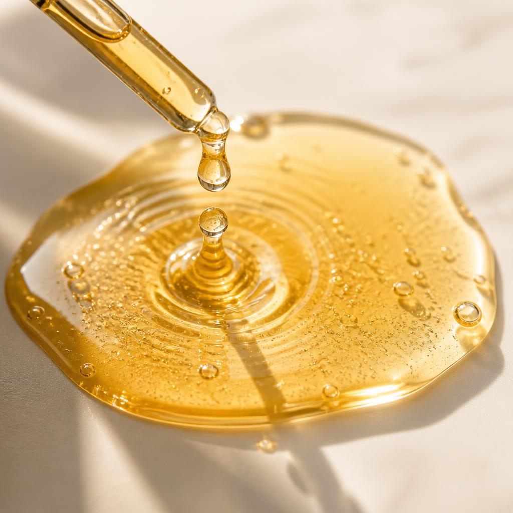 Matinata re.glow texture — glass dropper releasing golden oil serum into a glistening pool on soft white