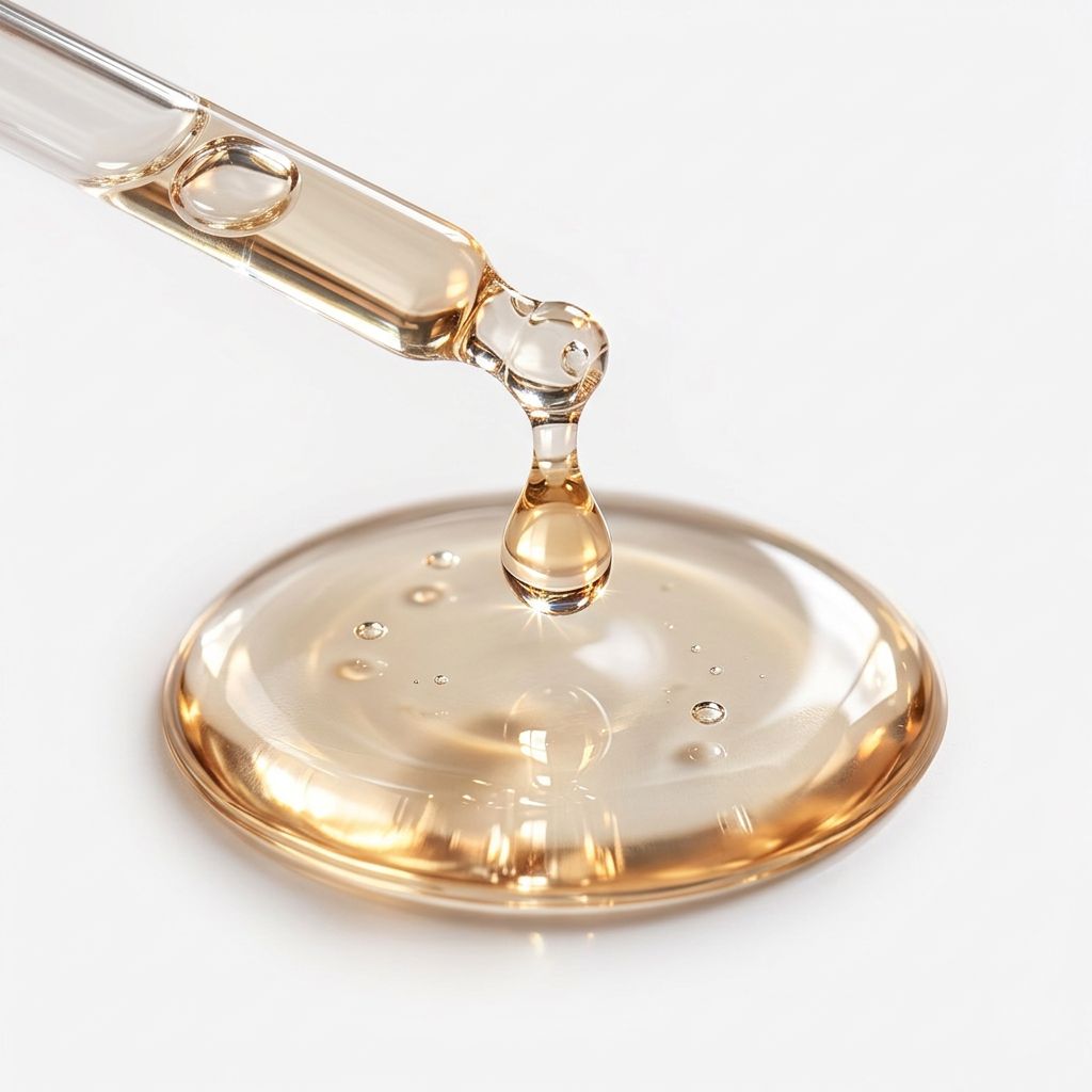 Matinata re.hydrate texture — glass dropper releasing serum into a clear pool on soft white