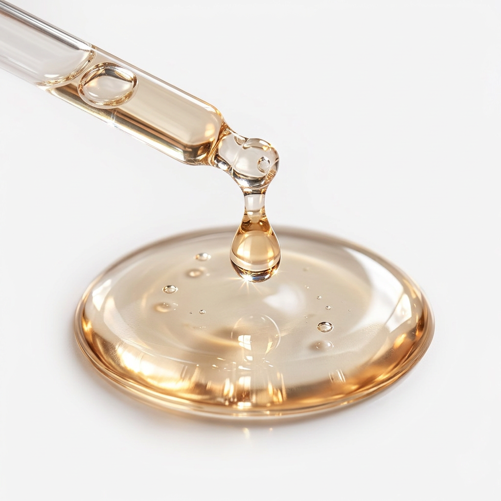 Matinata re.hydrate texture — glass dropper releasing serum into a clear pool on soft white
