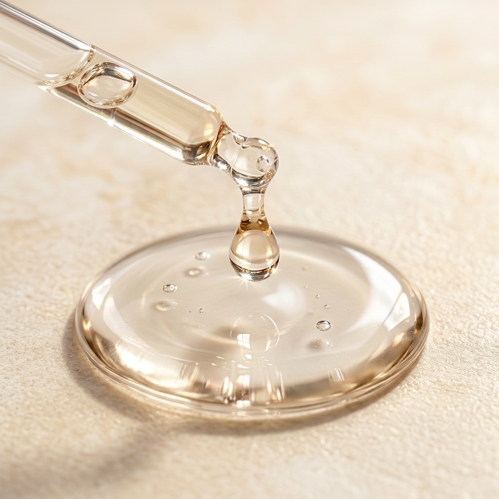 Matinata re.hydrate texture — glass dropper releasing serum into a clear pool on soft white