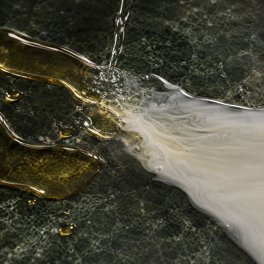 Matinata re.purify texture — Golden cleansing oil emulsifying into milk on green marble