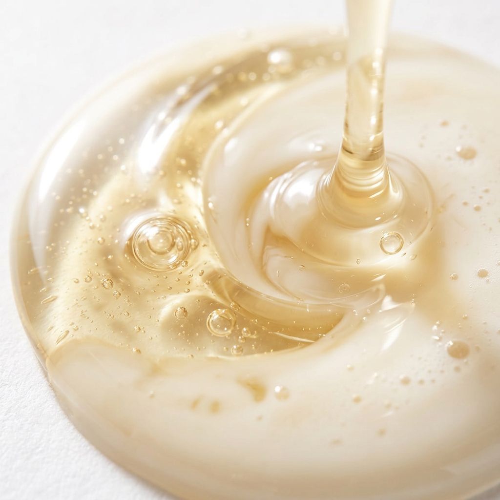 Matinata re.purify texture — golden cleansing oil pouring into a glossy pool on soft white