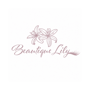 Logo of Beautique Lily with rose pink text, lily flowers and ends with an eye lash 